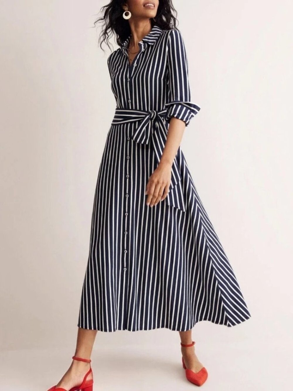 BODEN Marcia Stripe Midi Shirt Dress Navy White Button Up Long Sleeve 8R NWOT - Picture 2 of 14